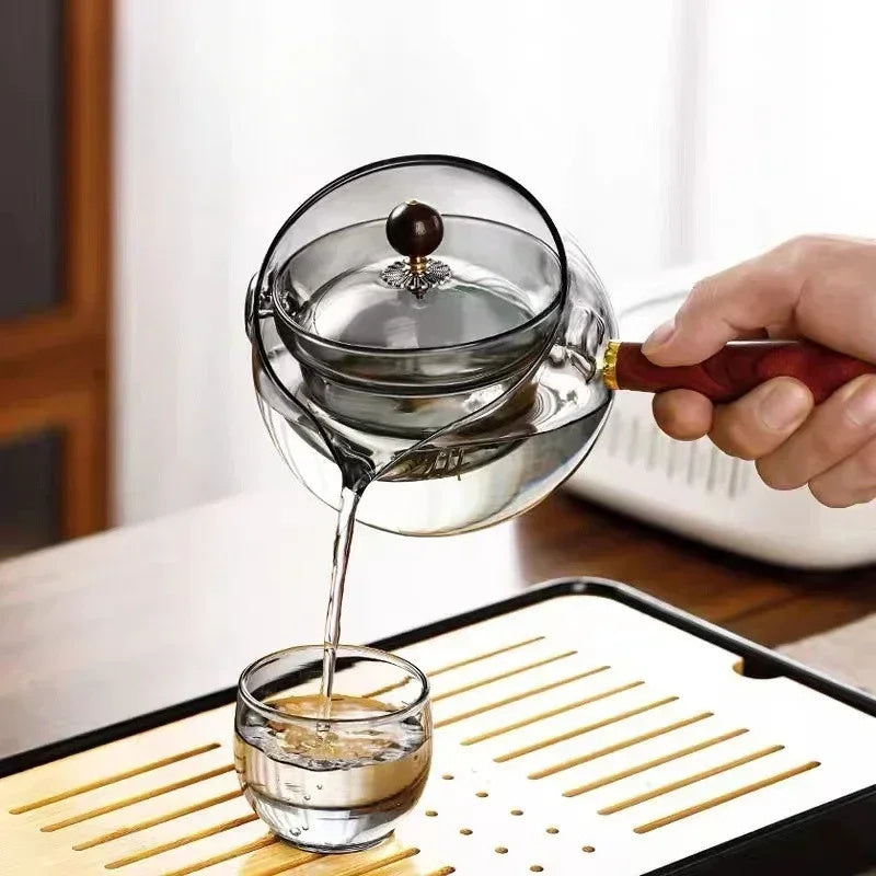 Semi-automatic Rotary Heat-resistant Glass Teapot Lazy Tea Making With Infuser And Wooden Handle Office Home Accessories Kitchen Gadgets sunstore