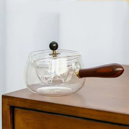 Semi-automatic Rotary Heat-resistant Glass Teapot Lazy Tea Making With Infuser And Wooden Handle Office Home Accessories Kitchen Gadgets sunstore