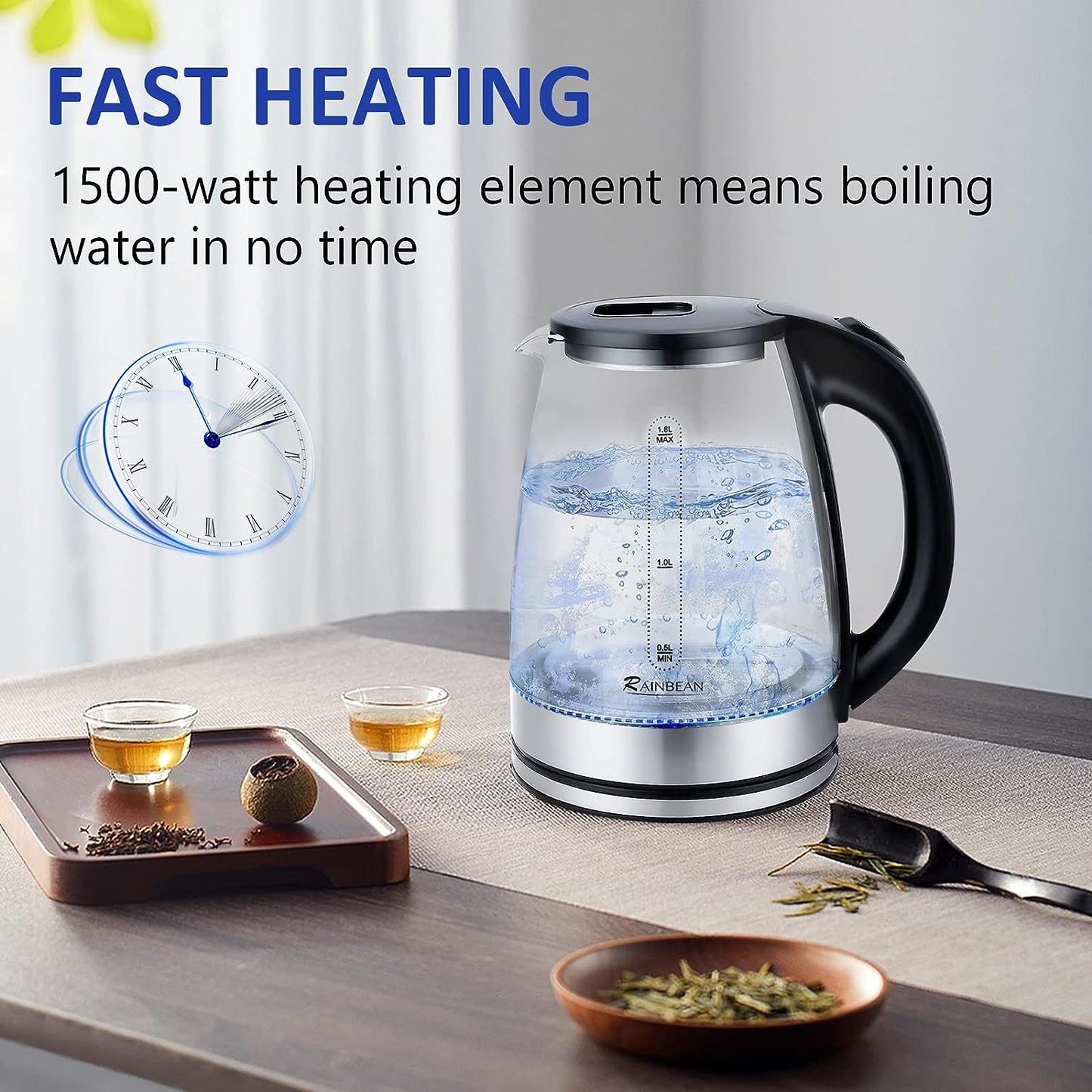 Electric Kettle Water Boiler, 1.8L Electric Tea Kettle, Wide Opening Hot Water Boiler With LED Light, Auto Shut-Off & Boil Dry Protection, Glass Black sunstore