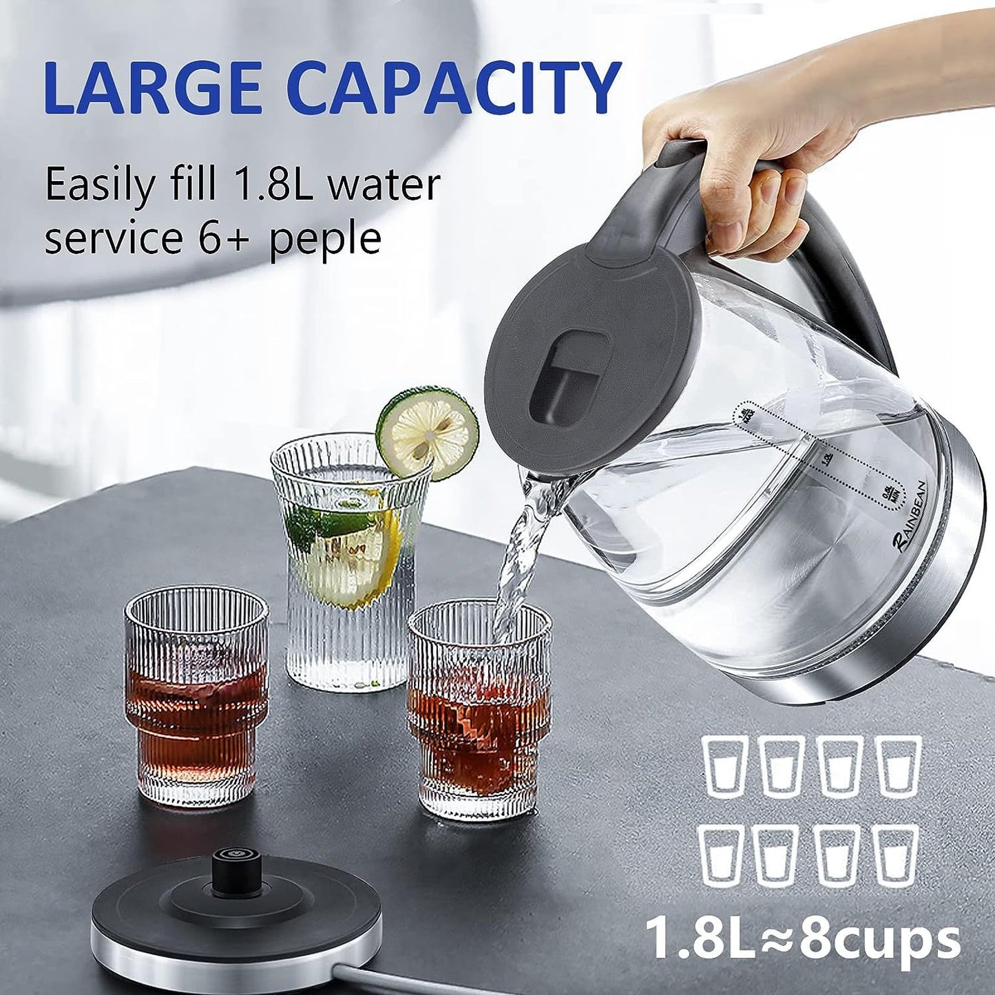 Electric Kettle Water Boiler, 1.8L Electric Tea Kettle, Wide Opening Hot Water Boiler With LED Light, Auto Shut-Off & Boil Dry Protection, Glass Black sunstore