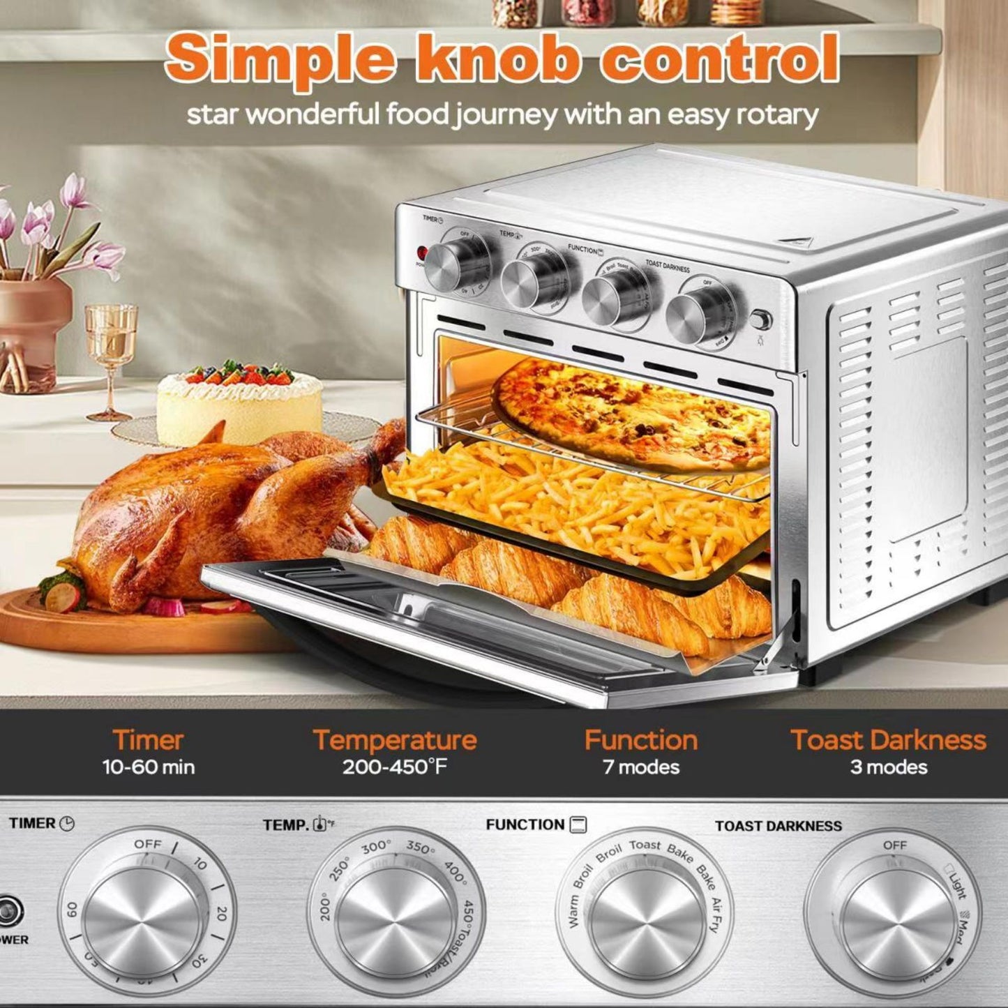 Geek Chef Air Fryer 6 Slice 26QT 26L Air Fryer Fry Oil-Free Extra Large Toaster Oven Combo Air Fryer Oven Roast Bake Broil Reheat Convection Countertop Oven Stainless St sun store