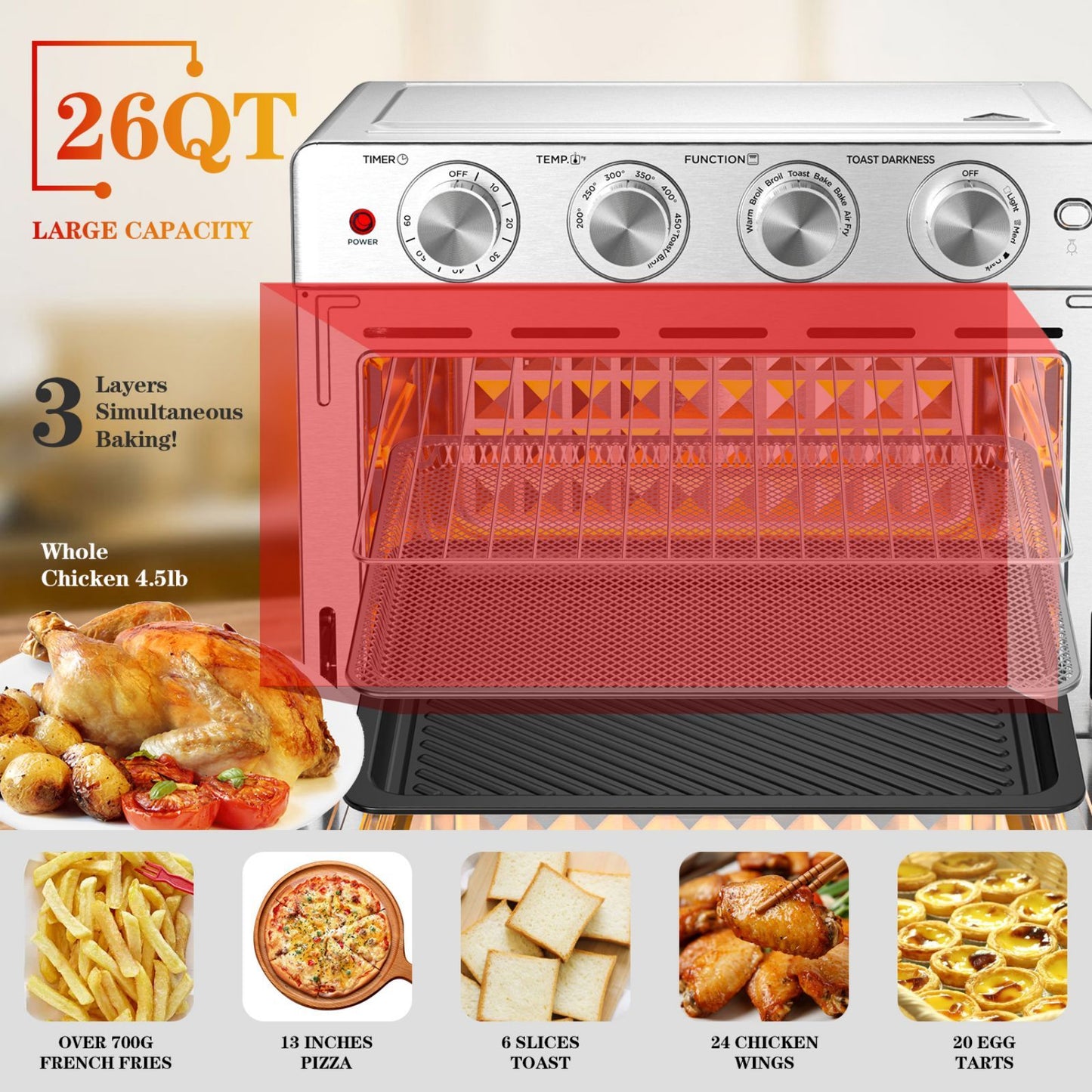 Geek Chef Air Fryer 6 Slice 26QT 26L Air Fryer Fry Oil-Free Extra Large Toaster Oven Combo Air Fryer Oven Roast Bake Broil Reheat Convection Countertop Oven Stainless St sun store