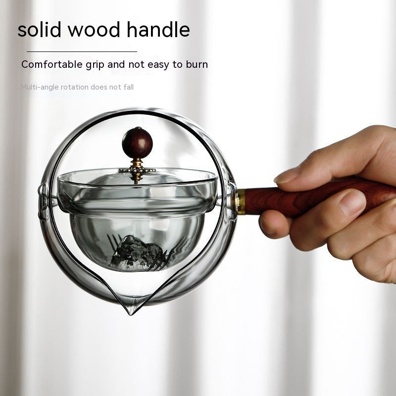 Semi-automatic Rotary Heat-resistant Glass Teapot Lazy Tea Making With Infuser And Wooden Handle Office Home Accessories Kitchen Gadgets sunstore