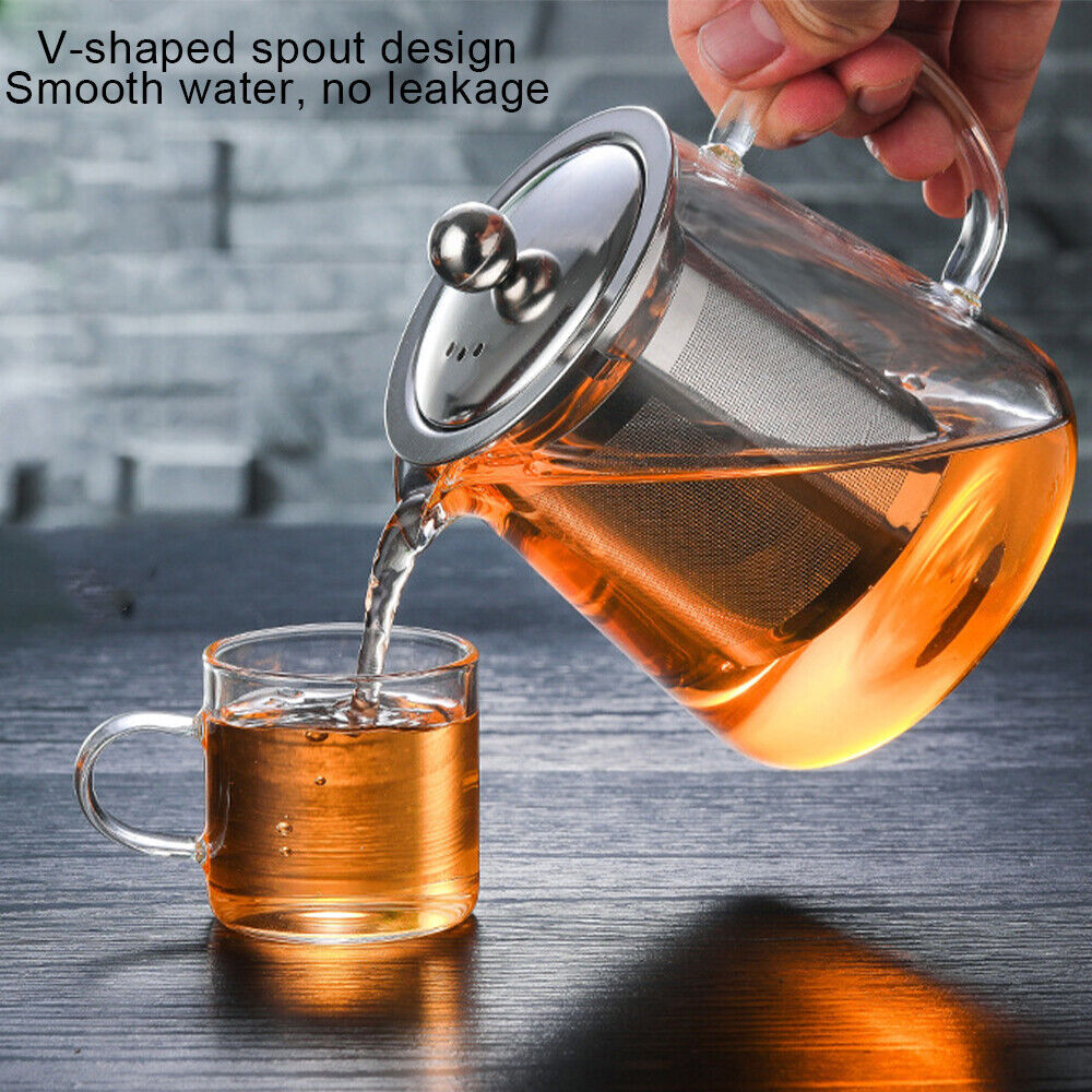 Heat Resistant Clear Glass Teapot Jug With Infuser Coffee Tea Leaf Herbal Pot