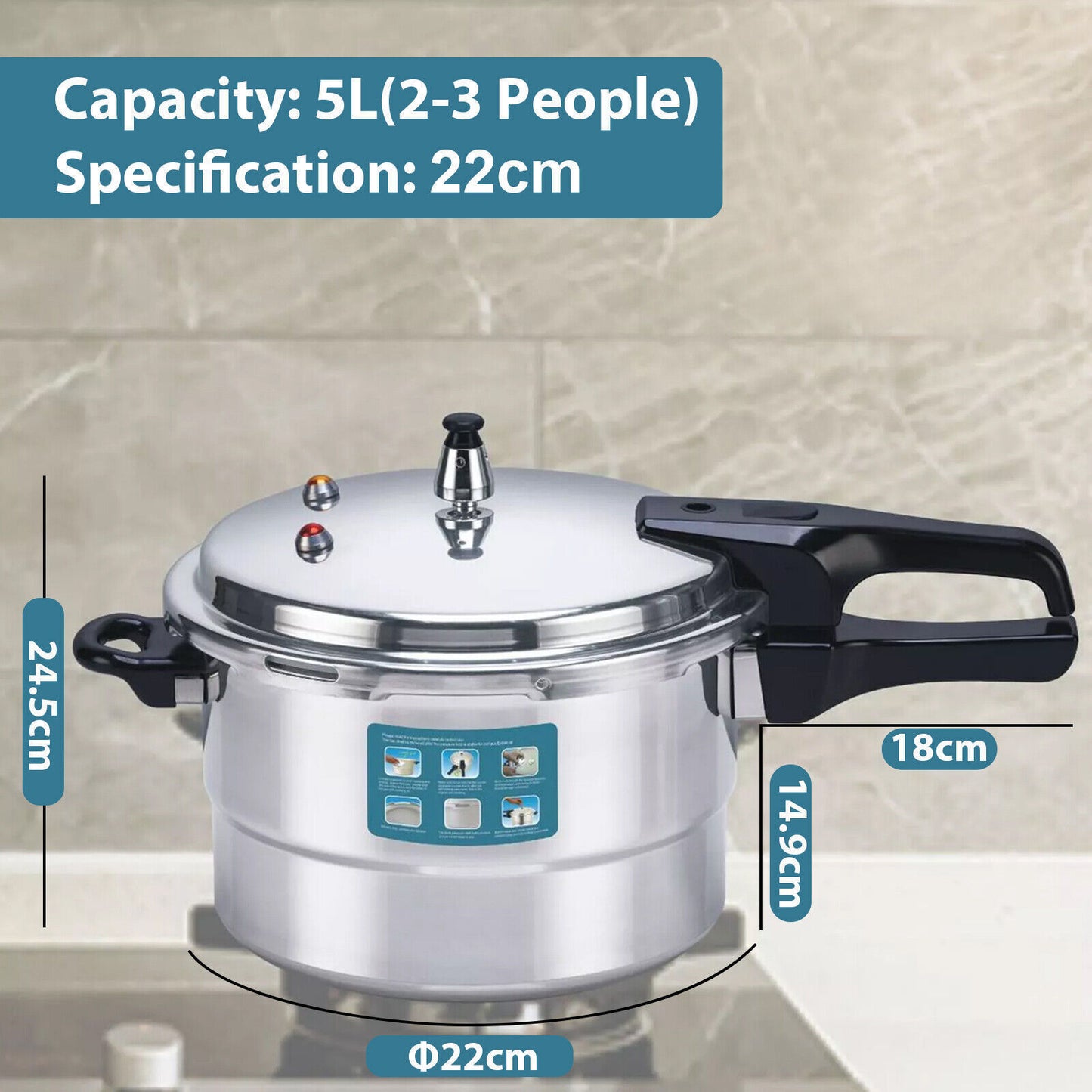 5L Aluminium Pressure Cooker Quick With Lid Latch Indicator Explosion-Proof