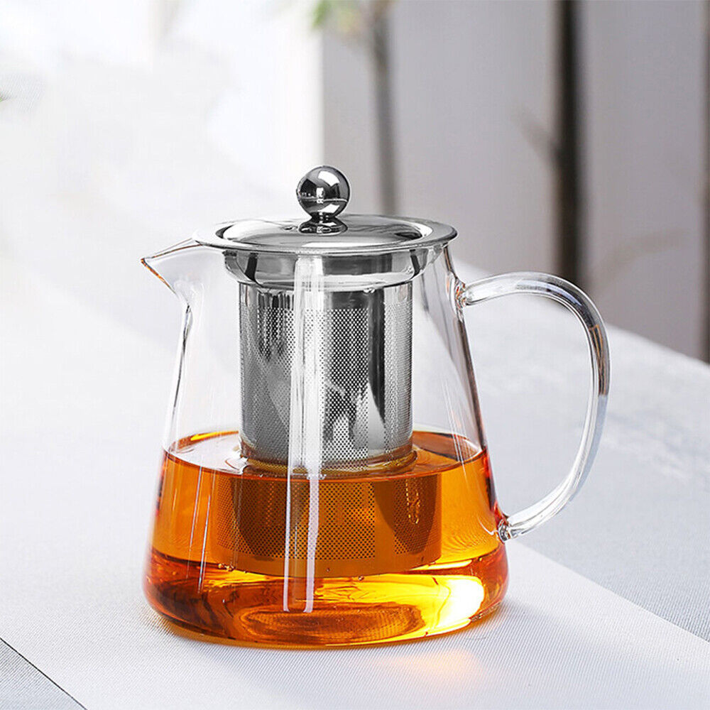 Heat Resistant Clear Glass Teapot Jug With Infuser Coffee Tea Leaf Herbal Pot